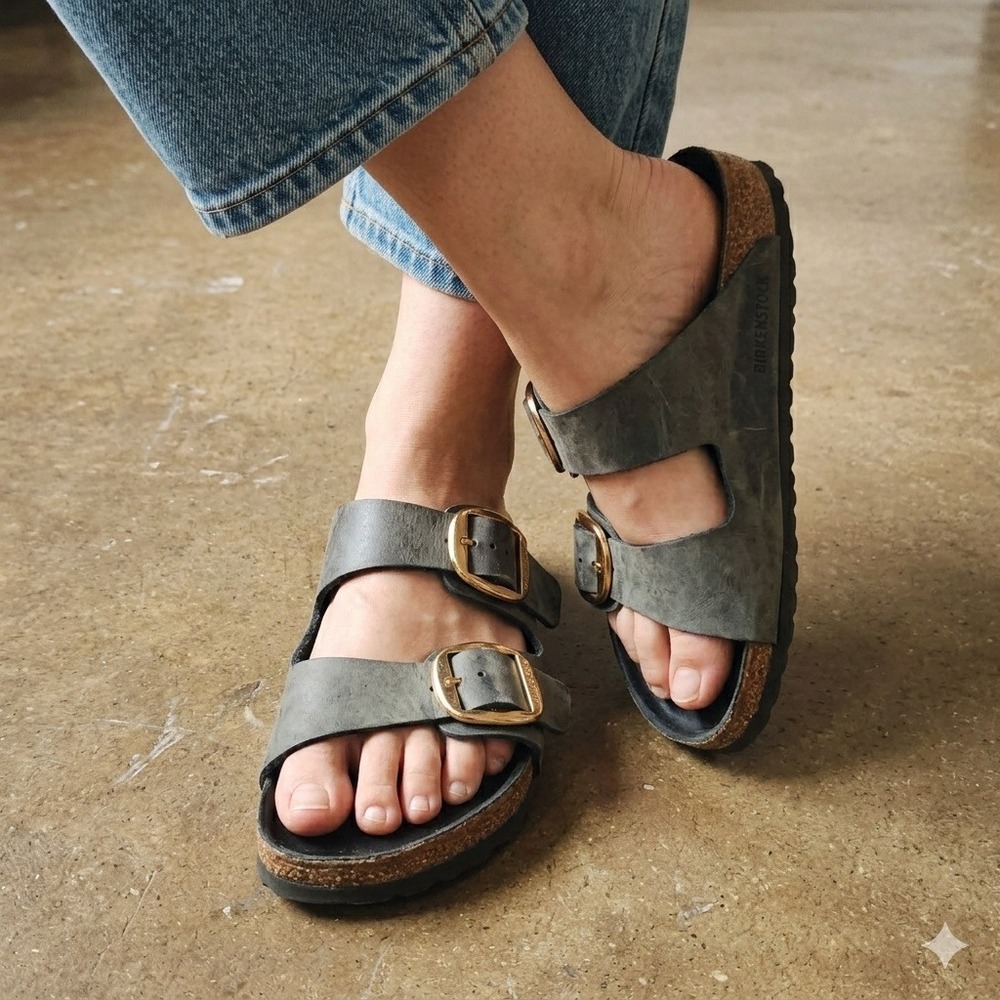 Birkenstock Arizona Big Buckle Sandals Women 39 US 8 Grey Leather Gold Hardware - Picture 1 of 11